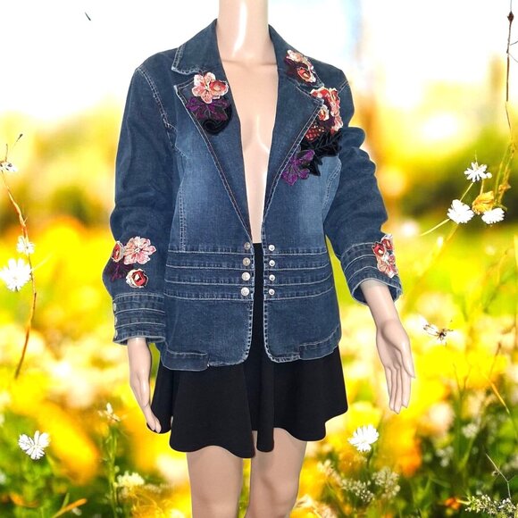 Boho Floral Embellished Upcycled Denim Jacket Size XL - Picture 2 of 7